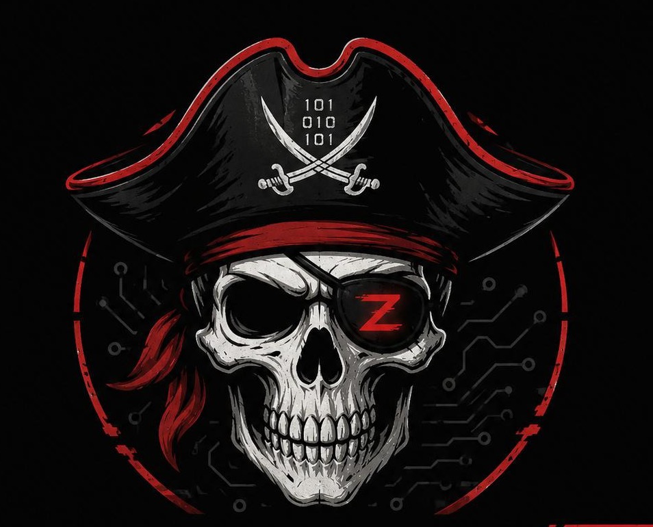 CyberZ emblem: a pirate skull wearing a tricorne hat with crossed sabers and binary code, a red bandana and an eye patch marked with a Z, set on a circuit-board ring